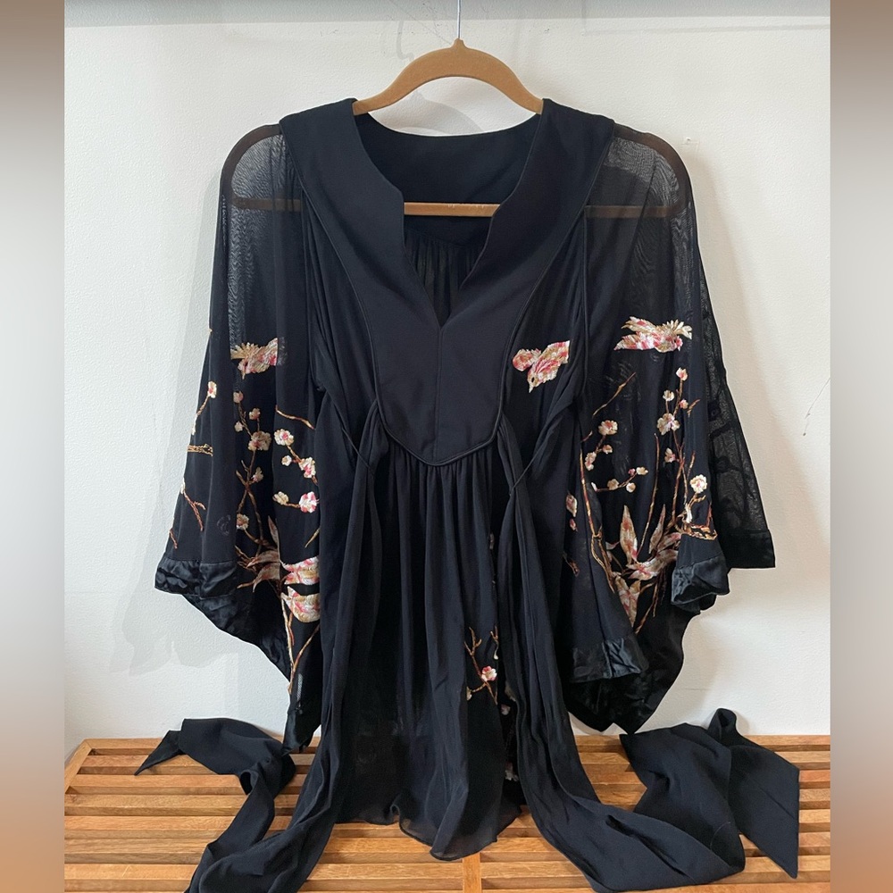 Urban Outfitters Black and Pink Bell Sleeve Tunic with Asymmetrical Tie Front